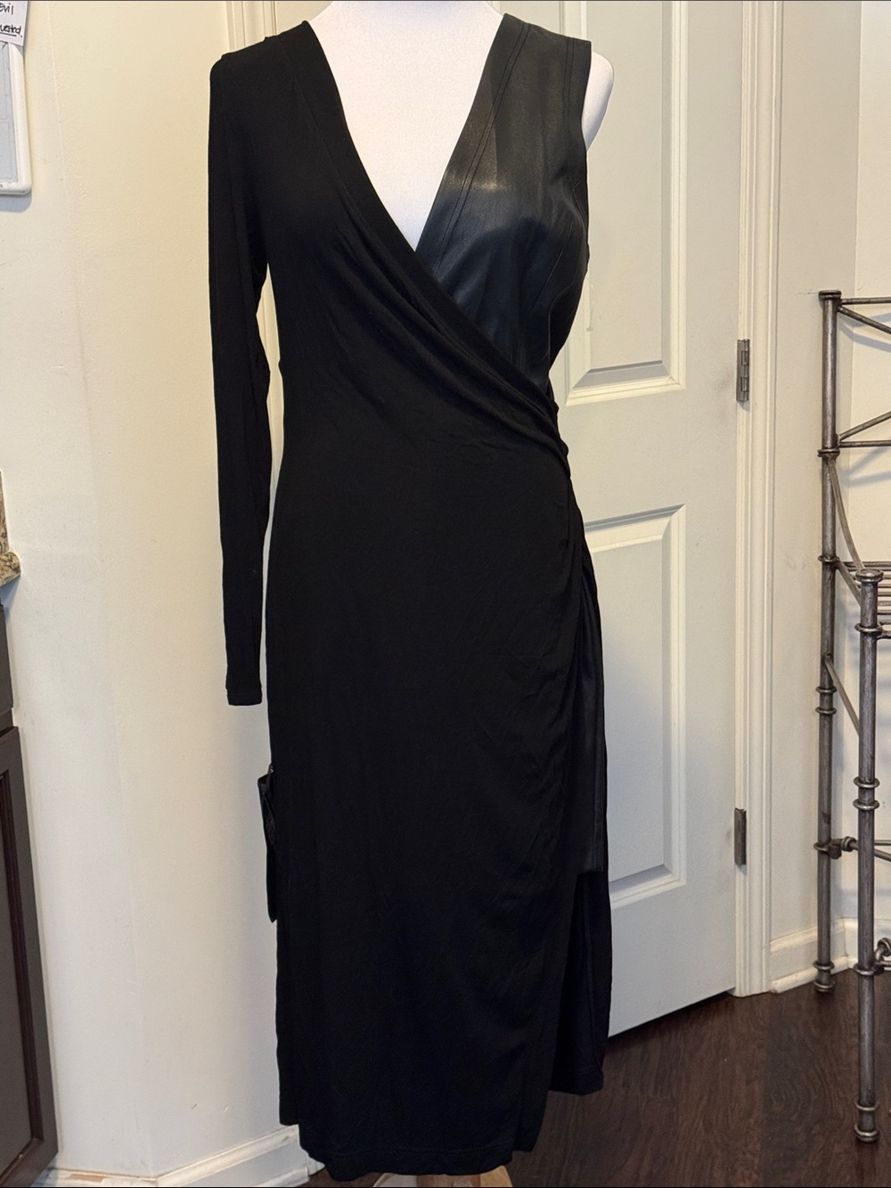 BCBGMaxAzria Black Asymmetrical Faux-Leather Trim Wrap Dress